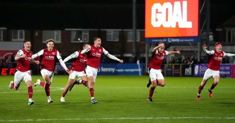 Premier League champions stunned as League Two side triumph on penalties